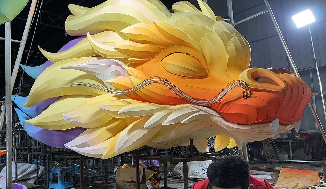 Chinese Dragon Lantern Festival: a dragon lantern head under construction.