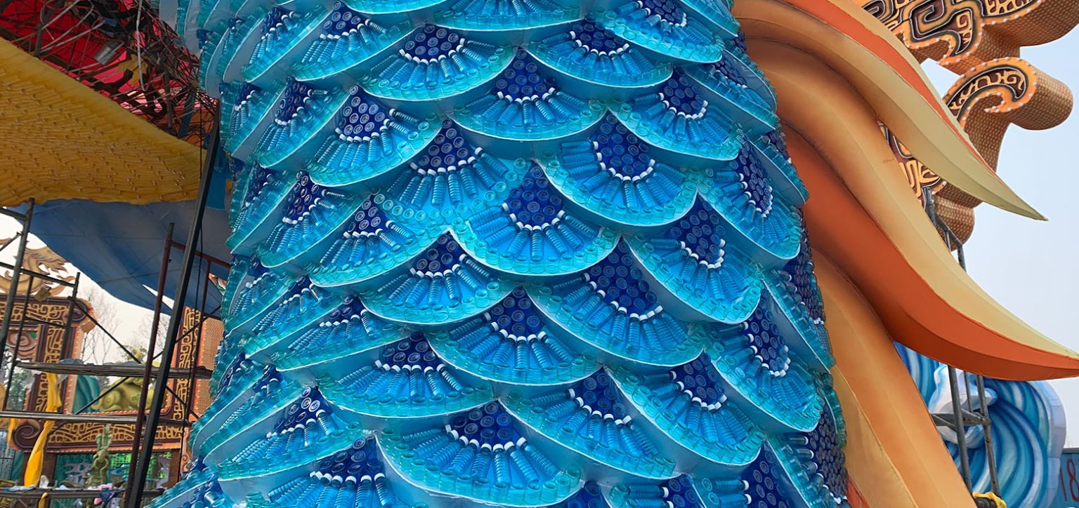 The scales of a Chinese dragon lantern made from eco-friendly plastic bottles.