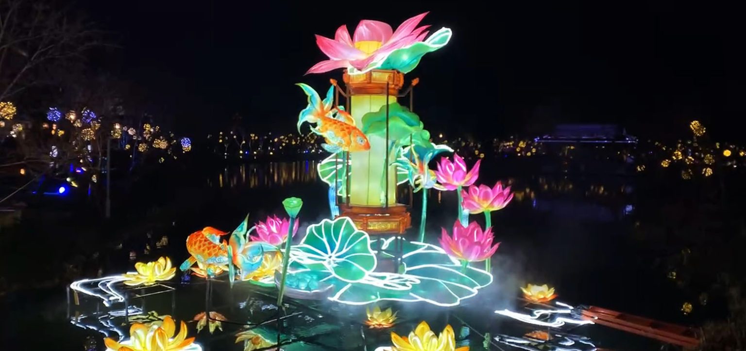 The stunningly beautiful lotus lantern group displayed on the water.