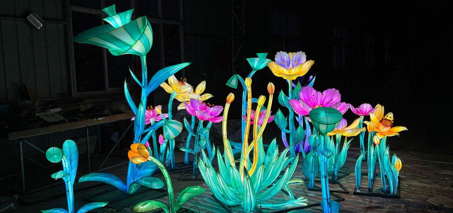 A Chinese plant-themed lantern set currently displaying its lighting effect.