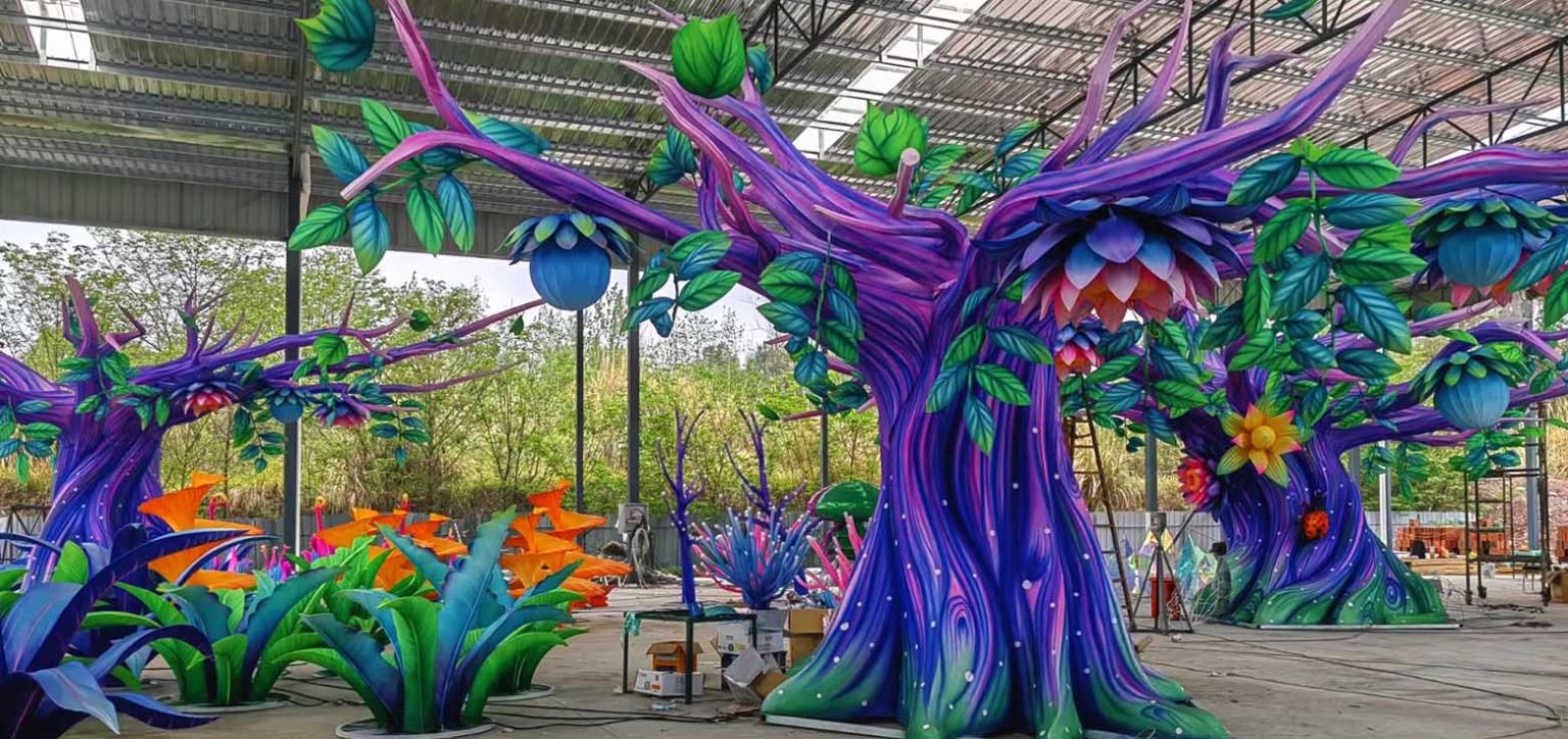 Fantasy-colored tree-shaped Chinese lantern decorations.