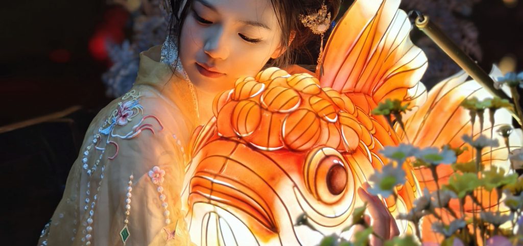 BLOG 14 Illuminated goldfish lantern showing internal LED lighting effect for Chinese lantern making process