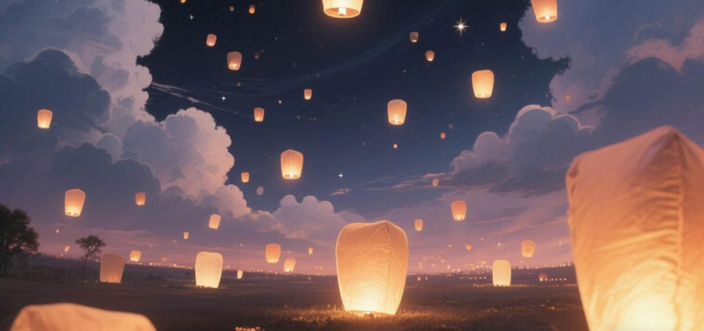 Chinese lanterns: several lit sky lanterns slowly ascending into the air.