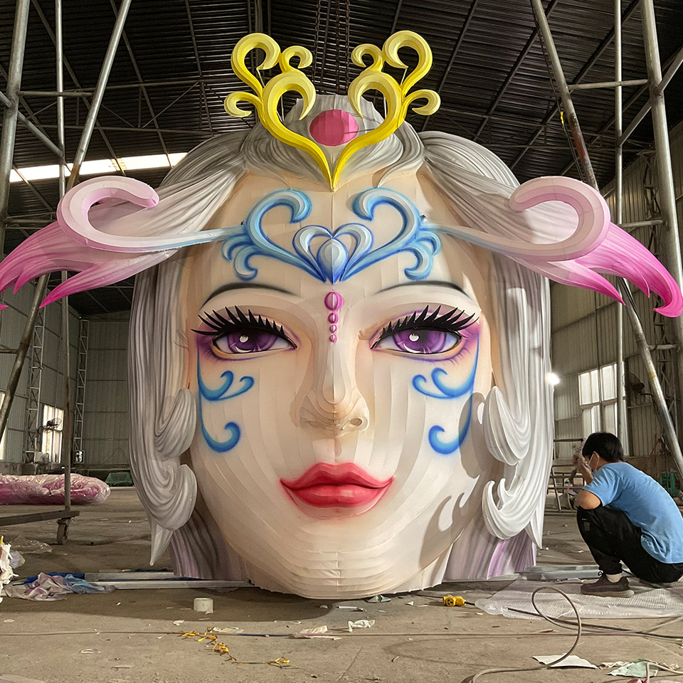 The head of a large Chinese character lantern being produced at the factory.