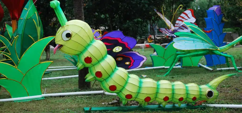 A lively and engaging green caterpillar-shaped Chinese insect lantern.