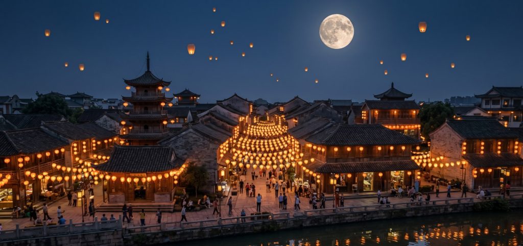 BLOG 2 Faroles de papel iluminados a lo largo de la orilla de un río durante el Festival de la Luna en Asia