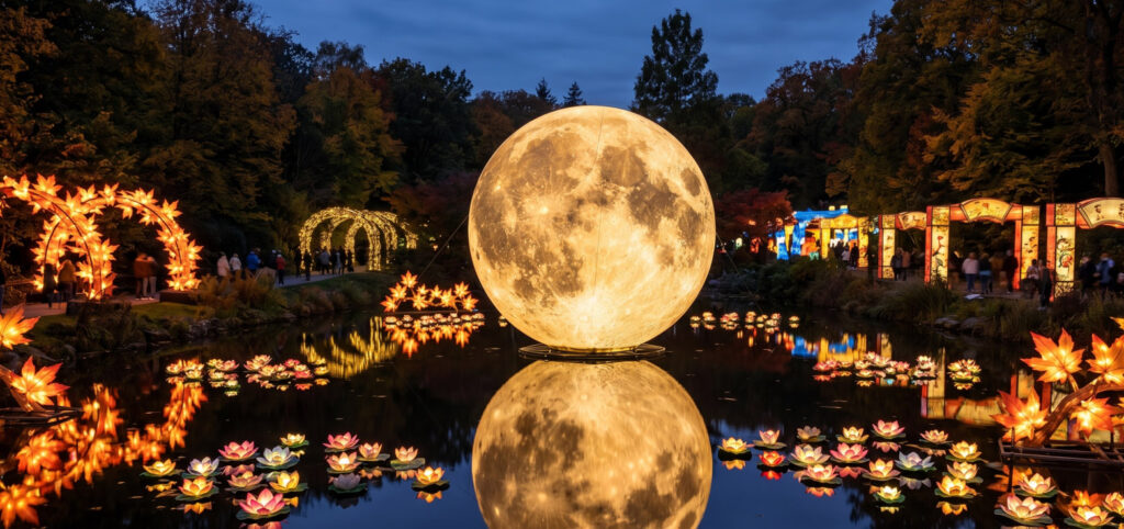 BLOG 4 Impresionante pieza central de lago para un festival de faroles de otoño que integra una luna gigante