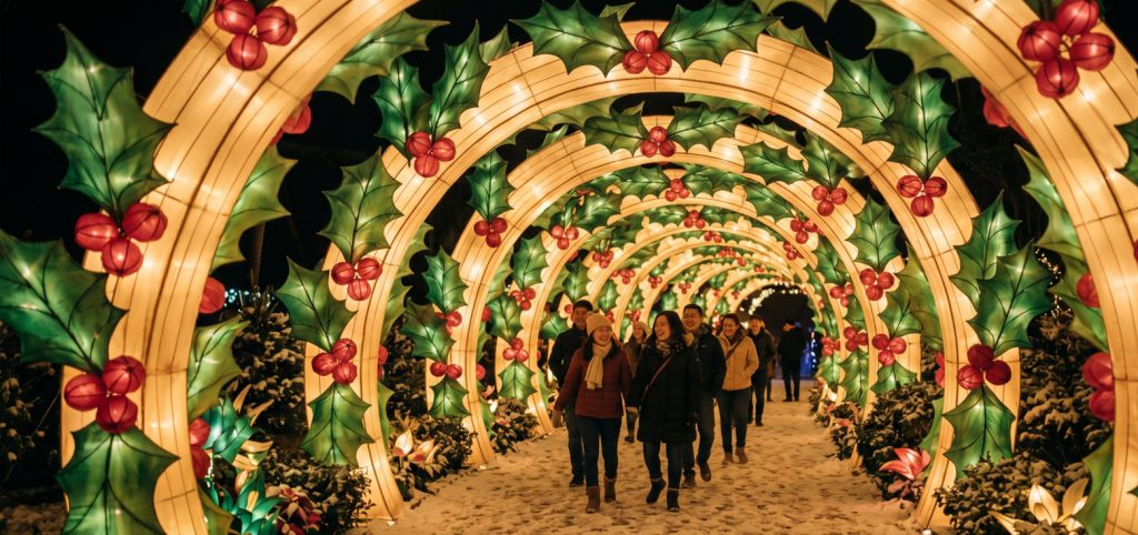 BLOG 1 Sinuoso túnel transitable que escala los símbolos tradicionales de Navidad en magníficos arcos de seda brillantes