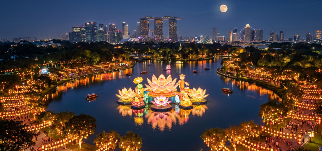 BLOG 5 Enormes decoraciones del Festival de la Luna flotantes iluminan el lago con impresionantes estructuras de loto