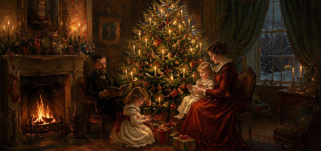 BLOG 3 Eine gemütliche Familienfeier um einen leuchtenden Baum, die Viktorianische Weihnachten feiert.