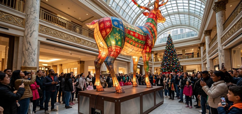 BLOG 3 Crowd photographing giant Christmas lanterns featuring a colorful reindeer in a mall