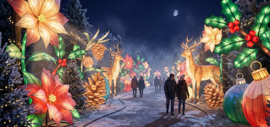 BLOG 2 Couples walk through a winter path lined with glowing traditional handmade lanterns
