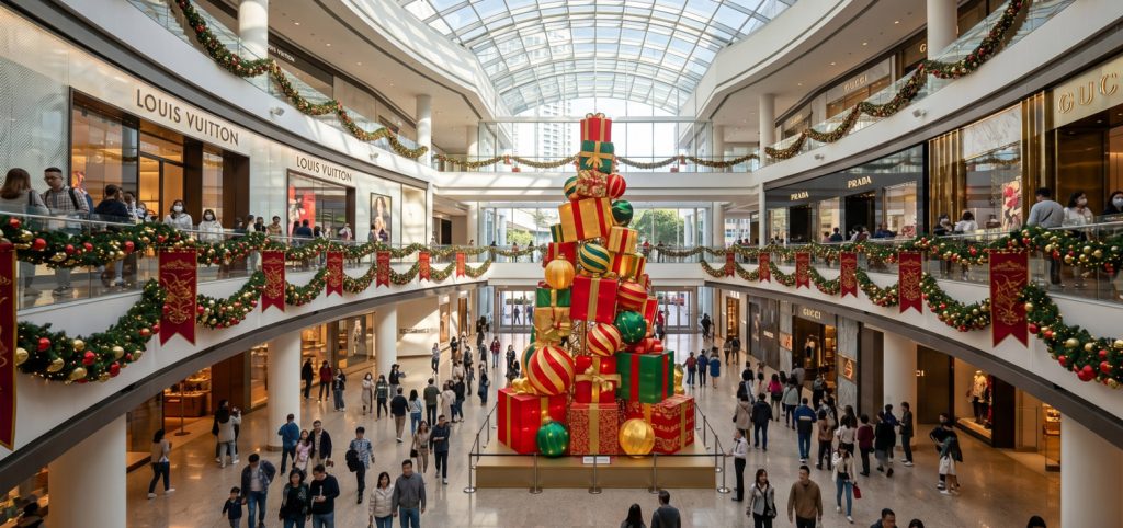 BLOG 4 Premium gewerbliche Weihnachtsdekoration mit riesigen Geschenkboxen in einem Einkaufszentrum bei Tag.