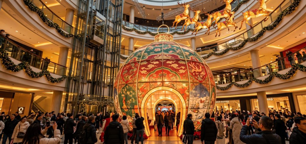 BLOG 1 Huge crowds photograph viral shopping mall Christmas decorations featuring a giant walk-in bauble