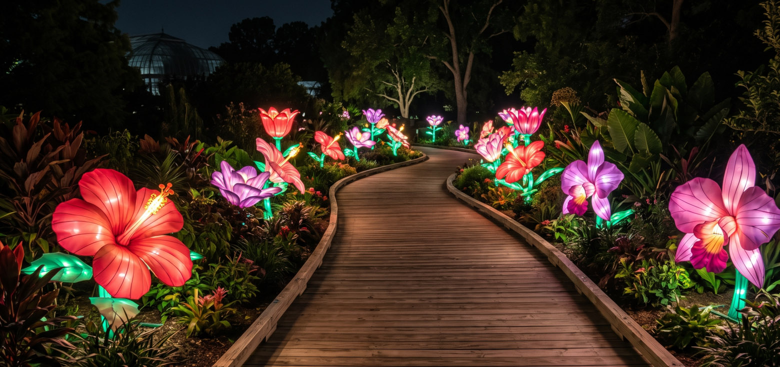 Zoo & Botanical garden Lantern Festival Solutions 2 Glowing floral lanterns lining a wooden boardwalk to create immersive light trails.