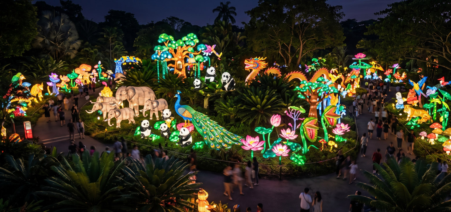 Zoo & Botanical garden Lantern Festival Solutions 5 Large crowds exploring illuminated animal and dragon displays during winter evening attractions.