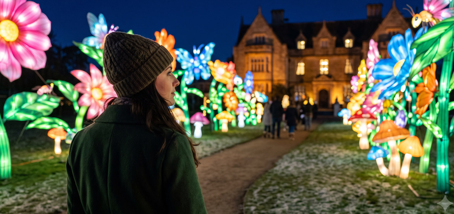 Estate & Farm Lantern Festival Solutions 2 Female tourist admiring agritourism light trail at a historic estate lantern exhibition.