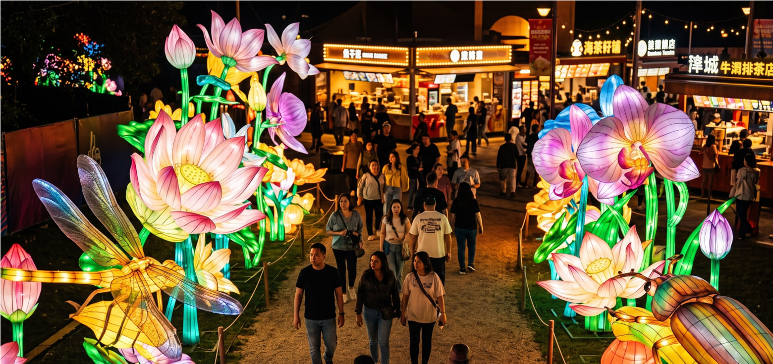 Theme Park Lantern Festival Solutions 2 Visitors walk past floral immersive light attractions leading to nighttime food stalls.