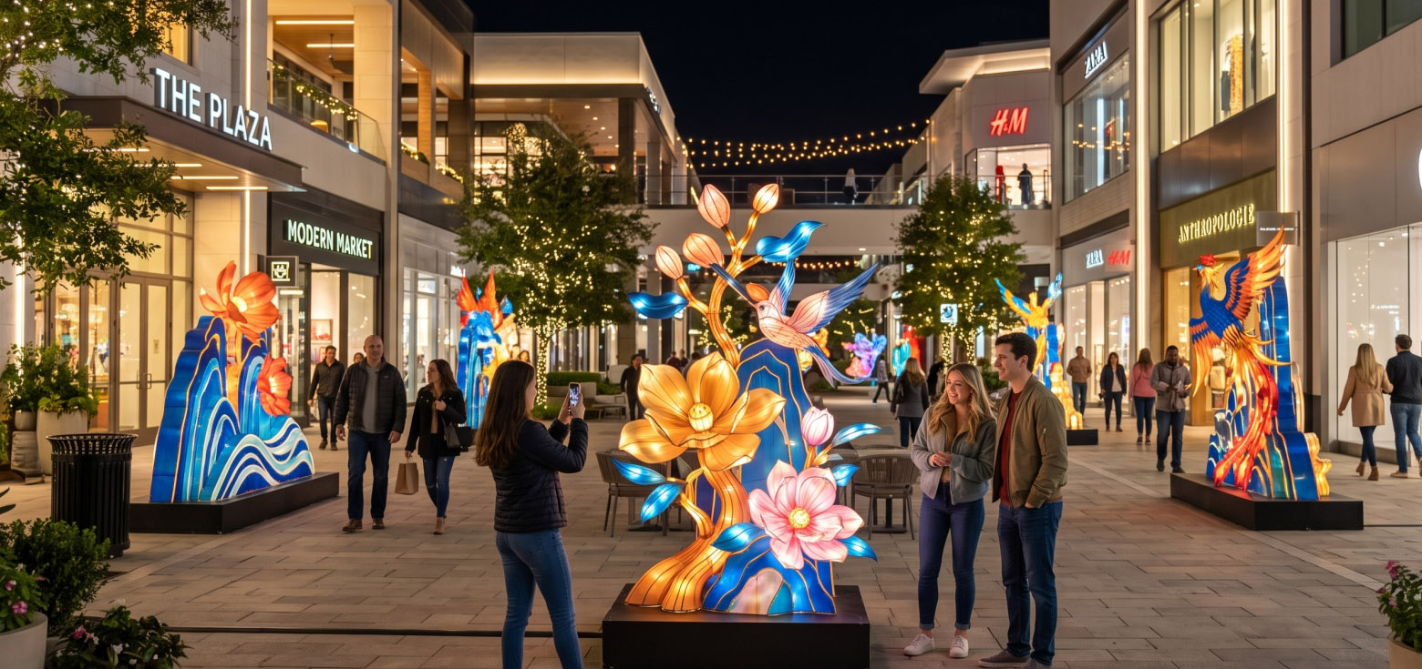 Public Space Light Display Solutions 3 Engaging commercial plaza illumination structure with floral designs in a shopping mall.