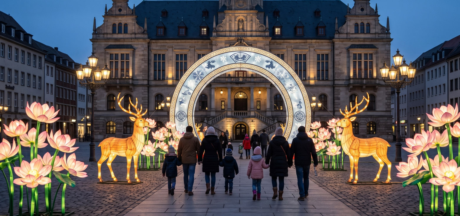 Public Space Light Display Solutions 2 Symmetrical municipal light displays featuring deer and arches in a civic square.