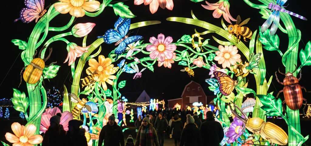 Chinese Parade Lanterns 8 Giant plant and insect entrance arch illuminating a farm lantern festival.