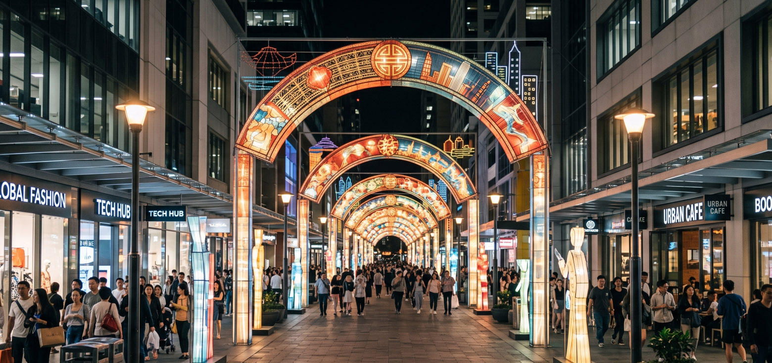 Public Space Light Display Solutions 4 Overhead pedestrian street lantern decor spanning a busy commercial walkway at night.