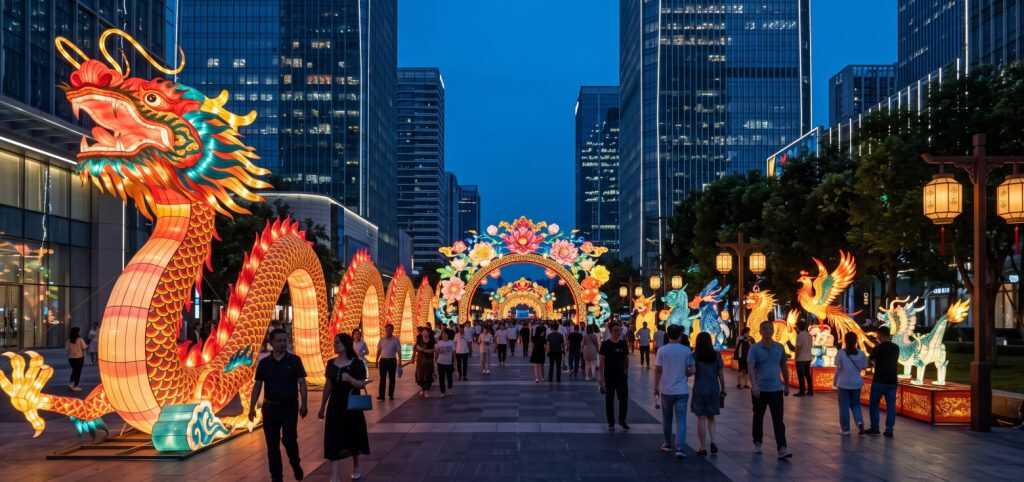 Chinese Parade Lanterns 6 A massive dragon public space light display illuminating a paved modern plaza.
