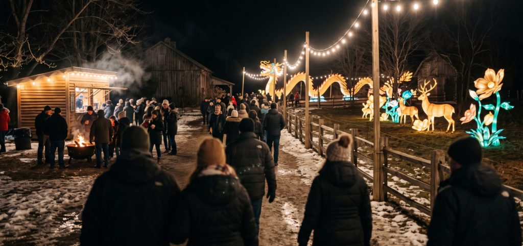 BLOG 1 Besuchermassen spazieren vorbei an Tierlaternen, was erfolgreiche Winter-Agrotourismus-Strategien demonstriert.