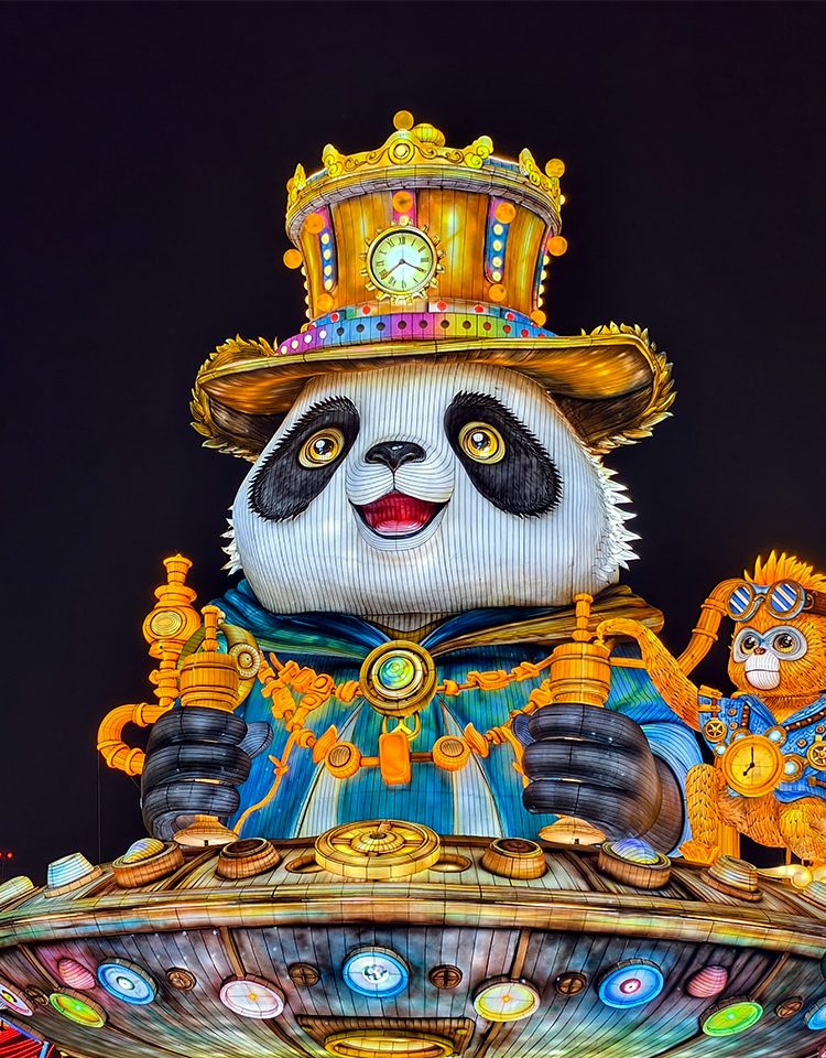 Large Zigong Lantern in the shape of a Panda with a Punk aesthetic.