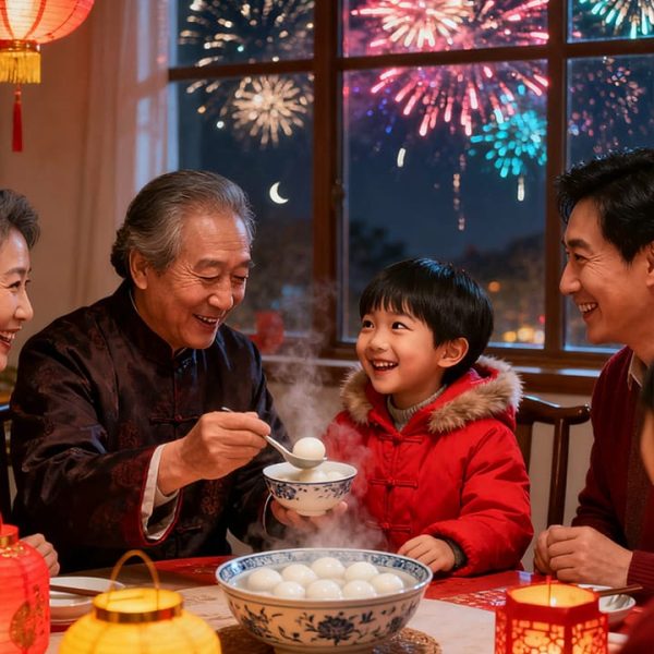 Eating Tangyuan: A Traditional Chinese Lantern Festival Custom.