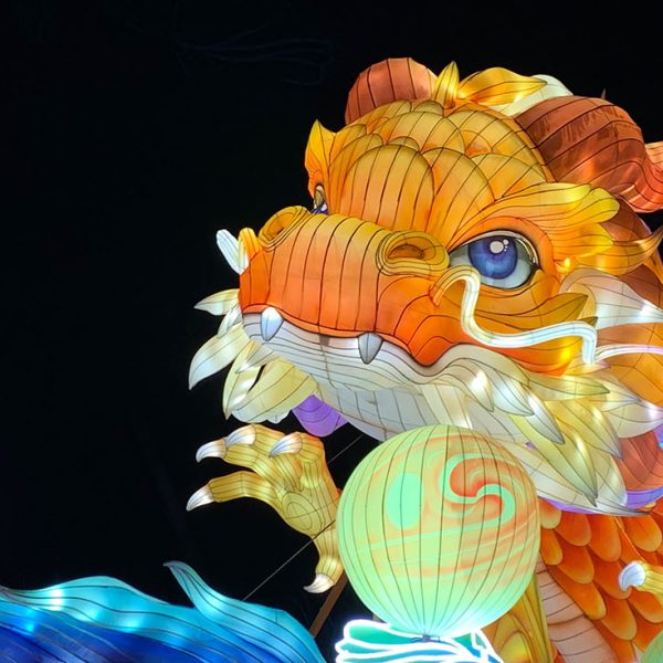 On the night of the Dragon Lantern Festival, a lit Chinese dragon lantern was coiled on the stage.