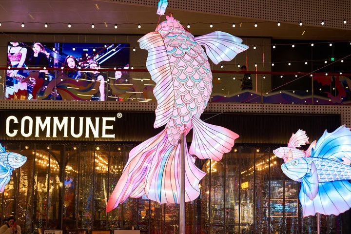 Commercial Space Decoration: A beautiful Chinese fish lantern in the shopping mall atrium.