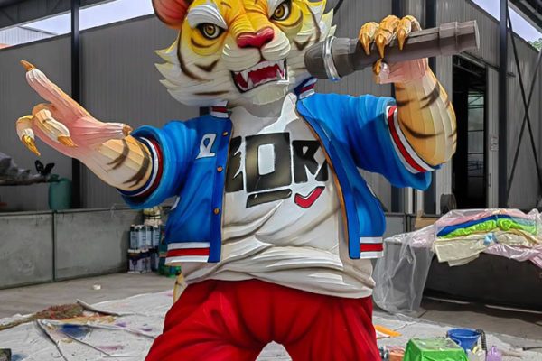 A striking/cool anime tiger lantern holding a microphone and singing.