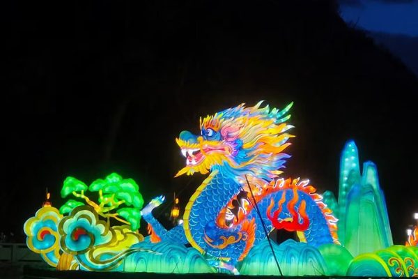 A mesmerizing, large-scale floating dragon lantern on the surface of the lake at night.