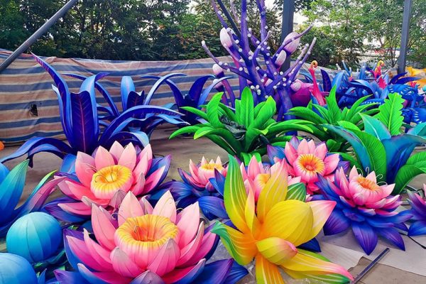 The brilliantly colored Chinese flower lanterns.