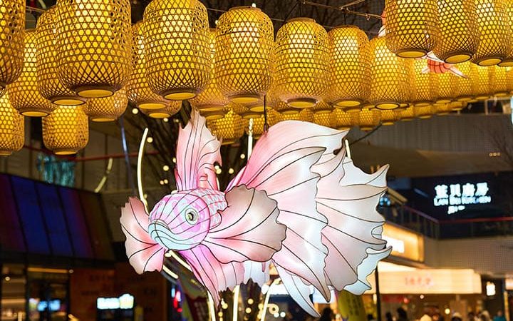 Faroles chinos tradicionales: faroles de peces suspendidos en el aire nocturno.