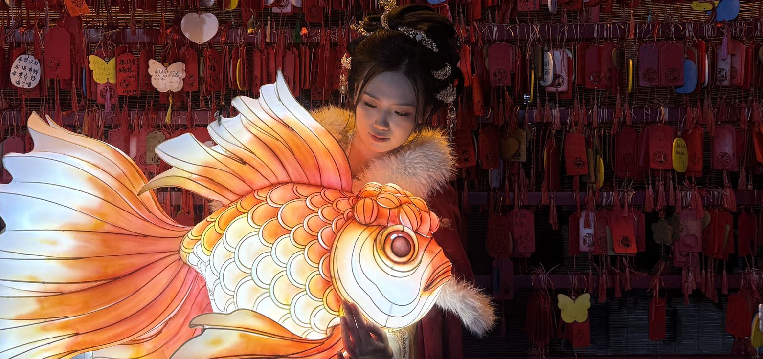 On Lantern Festival night, a Hanfu-clad girl holds a goldfish lantern.