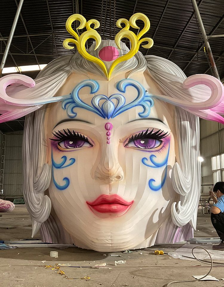 The head of a large Chinese character lantern being produced at the factory.