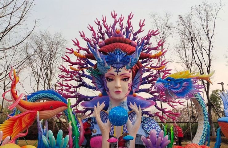 Giant outdoor Chinese lanterns, goddesses, and mythical creatures.