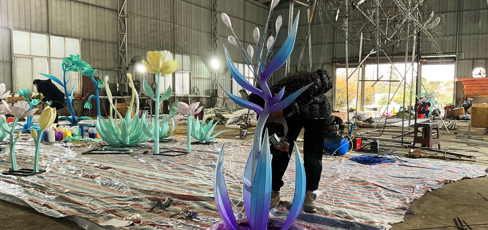 Chinese flower lanterns currently under production for Christmas decoration.