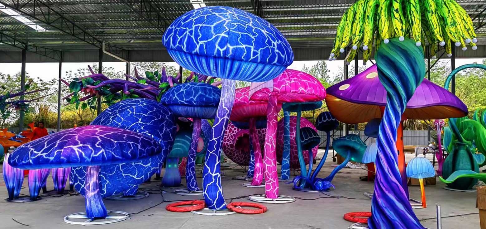 Colorfully designed Chinese botanical lanterns in the shape of mushrooms.