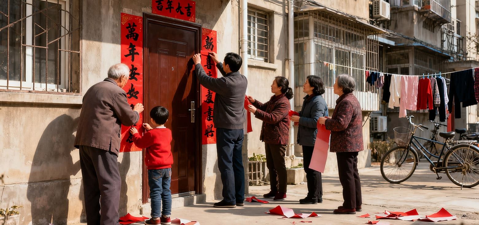 Traditional Chinese New Year Custom: Pasting Spring Couplets.