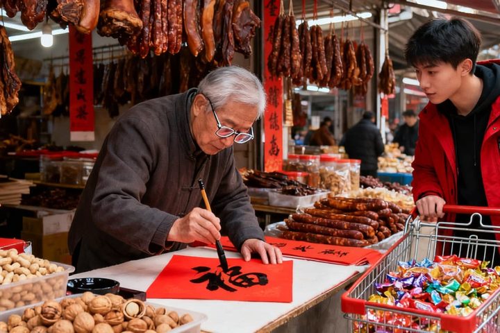 Spring Festival Customs: Buying New Year Goods and Writing the "Fu" Character.