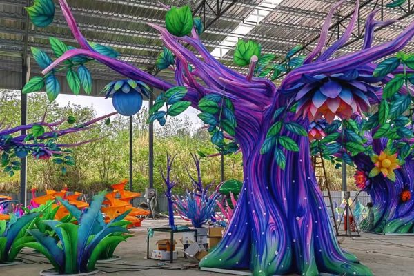 Fantasy-colored tree-shaped Chinese lantern decorations.